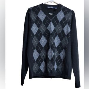 Garret Scott v neck patterned sweater 200% merino wool black grey size medium